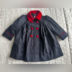 Vintage Tailorwear Wool Lined Pea Coat — Red Velvet Collar & Buttons, Girl 2T